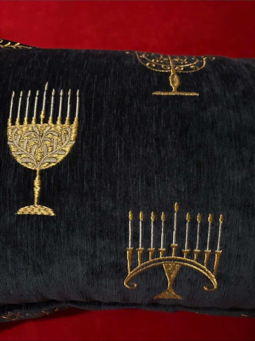 Hanukkah Menorah Pillow Navy Blue Velour